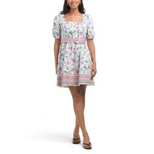 CYNTHIA ROWLEY Multi Border Print Puff Sleeve Belted Mini Dress